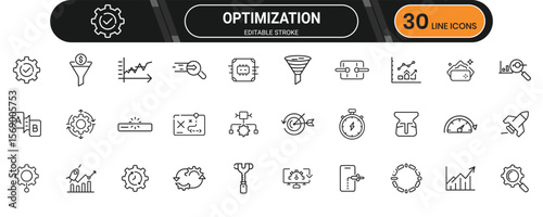 Optimization line icon set. Containing speed, performance, settings, tweak, tool, refine, analysis, enhance and more. Editable stroke. Vector illustration.