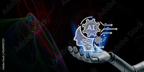 technology digital icon on robotic hand.The advent of AI is changing the business model from thinking to creating chats and prompt for AI to create work models