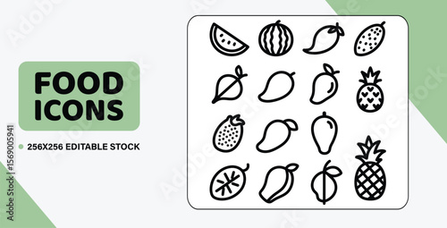 A set of 12 outline vector icons of juicy fruits, including a watermelon, a mango, and a pineapple, with consistent line weight.
