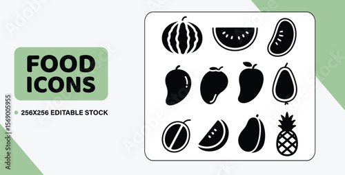A set of 12 outline vector icons of juicy fruits, including a watermelon, a mango, and a pineapple, with consistent line weight.
