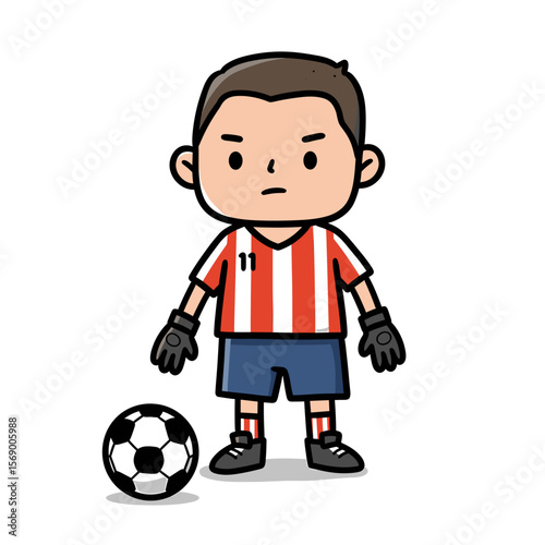 Young boy wearing red and white jersey standing next to soccer ball  