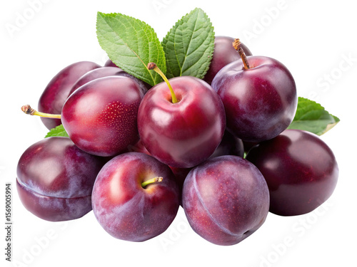 Wallpaper Mural Delicious, ripe plums arranged in a beautiful stack with green leaves Torontodigital.ca