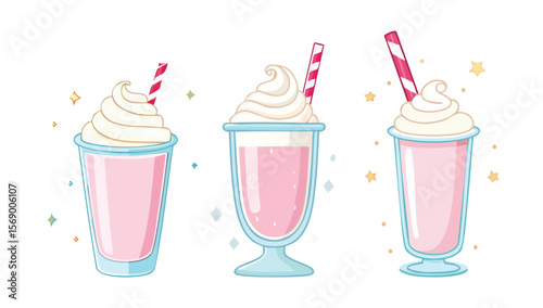 milkshakes in tall glasses with straws, strawberry, banana and chocolate