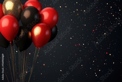 Modern sale banner design, dark tone with glossy red balloons and shining gold accents