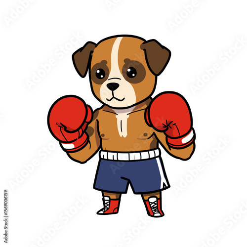 Cartoon dog wearing boxing gloves and shorts in fighting stance  