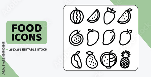 A set of 12 outline vector icons of juicy fruits, including a watermelon, a mango, and a pineapple, with consistent line weight.
