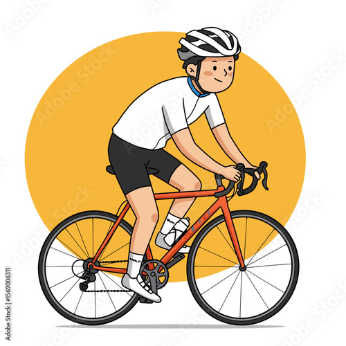 Young boy riding a bicycle in a cheerful orange background  