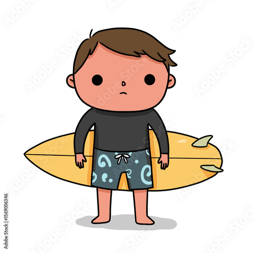 Cartoon boy holding surfboard in swimwear at the beach  