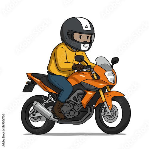 Man riding orange motorcycle wearing helmet and casual clothing  