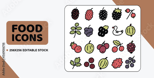 A sheet of 20 doodle-style vector icons of forest fruits, like a mulberry, a blackberry, and a gooseberry, on a transparent background.
