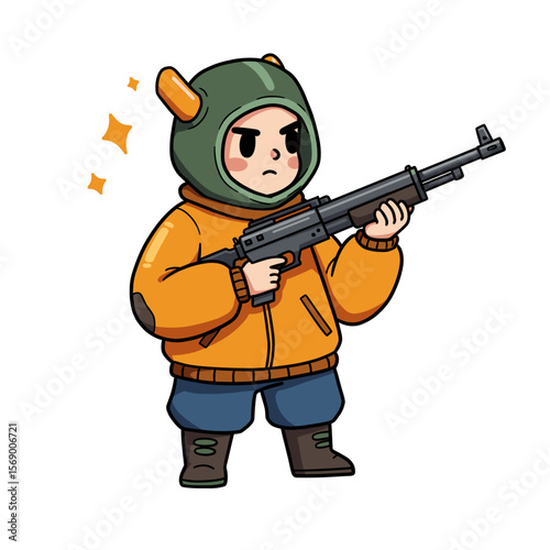 Cartoon boy in orange jacket holding a toy gun and looking serious  