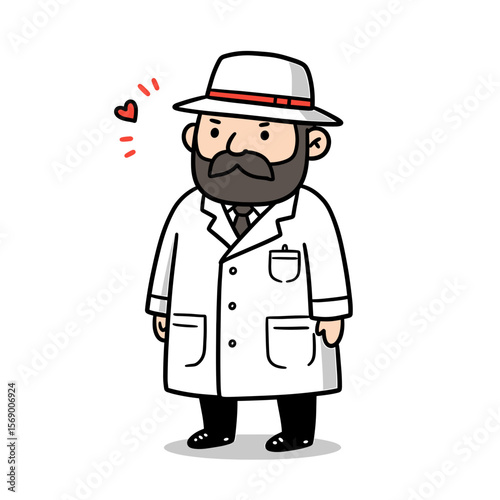Cheerful doctor character smiling in a white coat and hat  