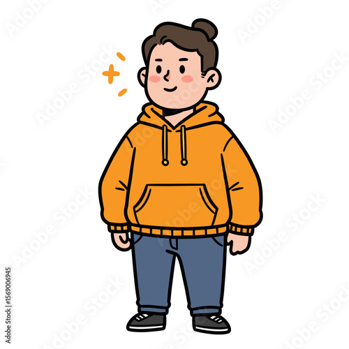 Young boy smiling in casual outfit with orange hoodie and jeans  