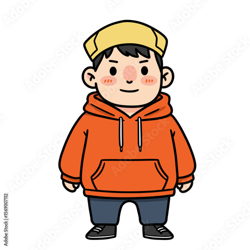 Cartoon boy smiling in orange hoodie and yellow cap  