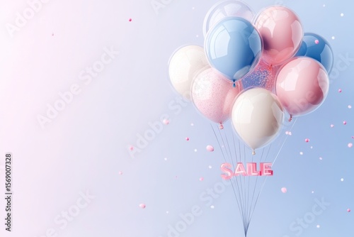 Modern banner design with floating transparent balloons and elegant sale typography