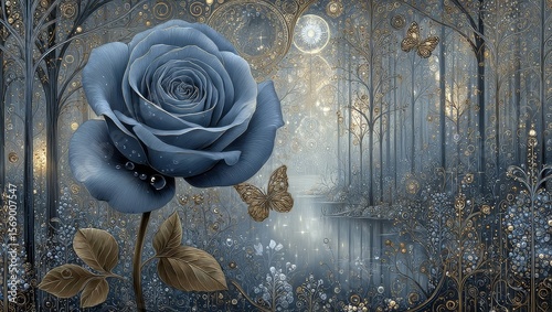 A beautiful blue rose surrounded by delicate butterflies in a lush forest