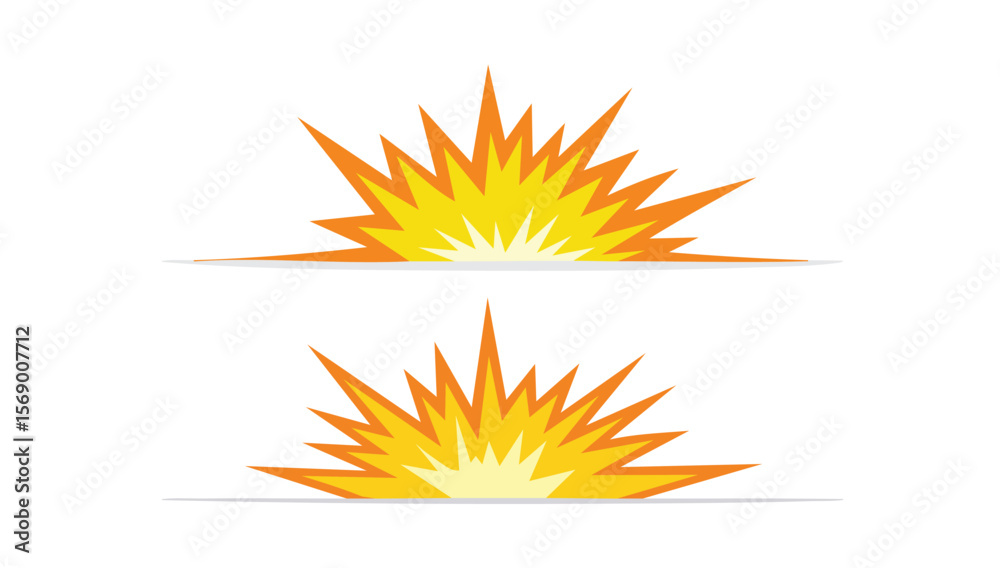 Two cartoon explosions with orange and yellow flames on white background Two cartoon explosions with orange and yellow flames on white background