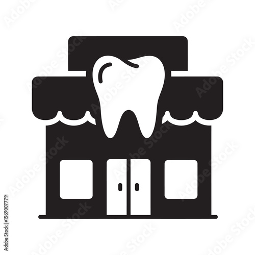 Dental clinic building icon representing dentist office stomatology practice and professional oral healthcare service center for patient treatment vector solid glyph