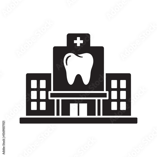Dental hospital building icon with medical cross representing specialized stomatology clinic oral surgery center and emergency dentistry department vector solid glyph