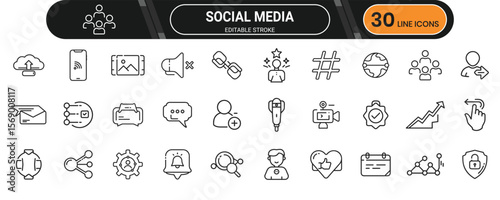 Social media icon set. Containing network, post, like, comment, share, profile, message, notification and more. Editable stroke. Vector illustration.