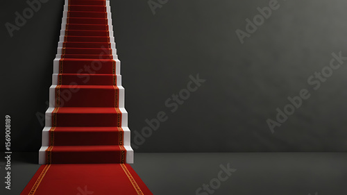 Red carpeted staircase against a dark gray wall with a sense of elegance and sophistication