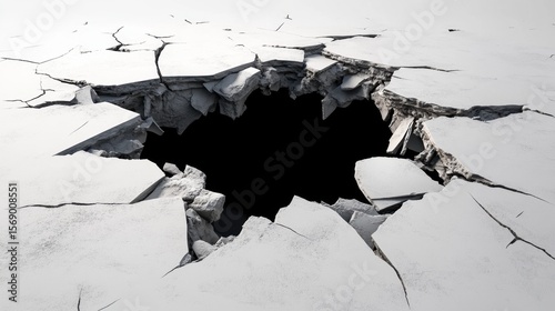 Realistic broken ground with deep black hole in cracked white concrete surface, symbol of danger or collapse