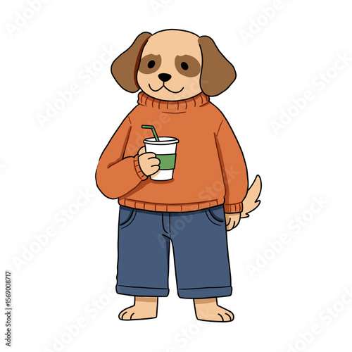 Cartoon dog wearing sweater and holding a drink with straw  