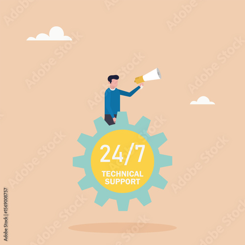 Technical support concept. People advise clients and solve technical problems. Online customer service. Vector illustration.	