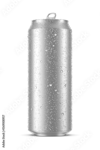 Classic aluminum drink can 450ml with water droplets isolated. 3D rendering illustration. Transparent PNG image.