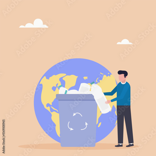 The character sorts garbage into containers for recycling and reuse. Garbage recycling. Zero waste concept. Vector illustration.	