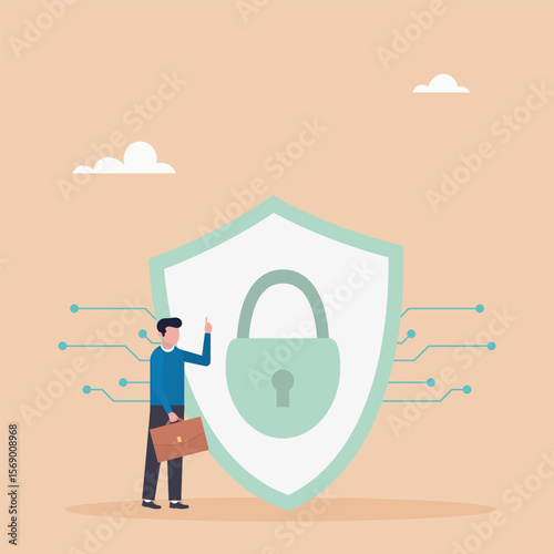 Data protection. Information Security. The character protects computer services and electronic information. Global network security. Vector illustration.	