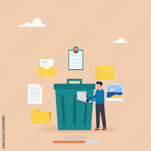 Delete concept. The character deletes data and moves unnecessary files to a large trash bin. Cleaning digital memory. Vector illustration.	