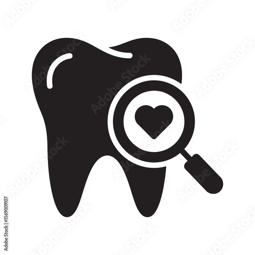Gentle dental care icon with heart in magnifying glass over tooth symbolizing loving oral health checkup positive examination and patient wellness vector solid glyph