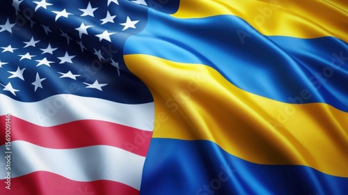 USA and Ukraine flags waving together in close view symbolizing unity, friendship, support and international peace photo