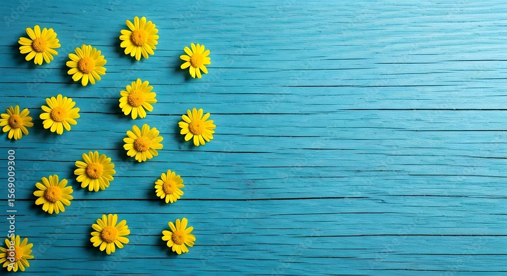 Obraz premium A bouquet of small yellow daisies scattered across a faded blue wooden surface, offering a subtle minimalist aesthetic