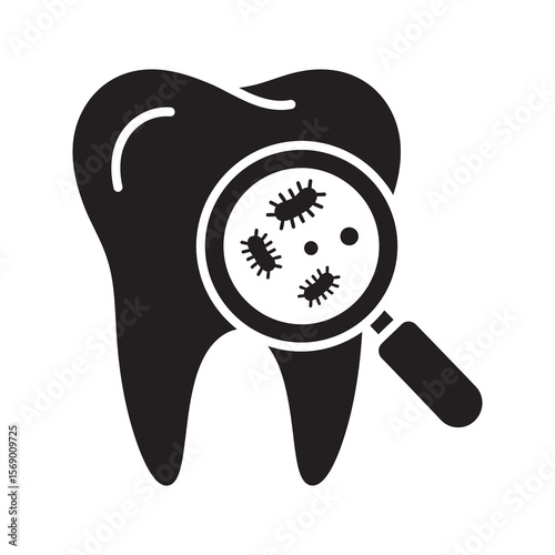 Dental plaque detection icon with magnifying glass showing bacteria on tooth for cavity research oral hygiene problem and stomatology diagnosis vector solid glyph