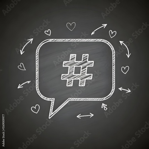  A chalk-drawn speech bubble with the hashtag symbol inside, surrounded by arrows and hearts representing communication on social media