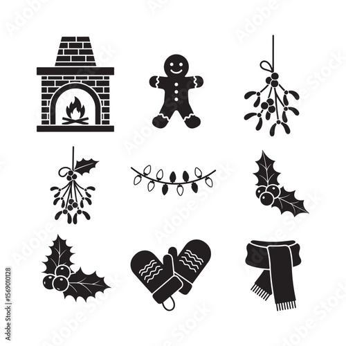 Black Christmas vector Icons Set: Fireplace, Gingerbread Man, Mistletoe, Holly, Mittens, Scarf, Lights