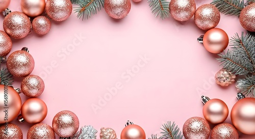 A chic pink Christmas flatlay with rose gold baubles, silver pinecones, and carefully wrapped presents positioned to form an elegant border, leaving ample space for holiday copy in the center