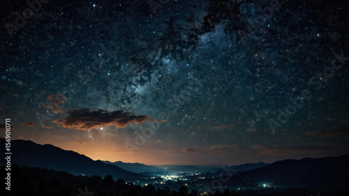 山の向こうに見える星空、夜景