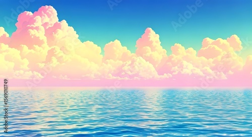  A colorful abstract sky with vibrant cumulus clouds drifting above a vast, sparkling sea, blending pastel pinks, yellows, and blues in a peaceful scene