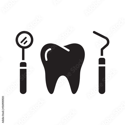 Dental checkup icon with tooth and professional instruments like mirror and probe for oral examination diagnosis and stomatology treatment service vector solid glyph