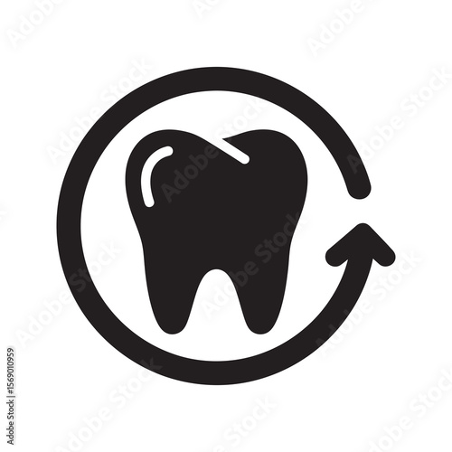 Complete dental care icon with tooth in circular arrow for full restoration service 24 hour emergency stomatology and oral health protection vector solid glyph