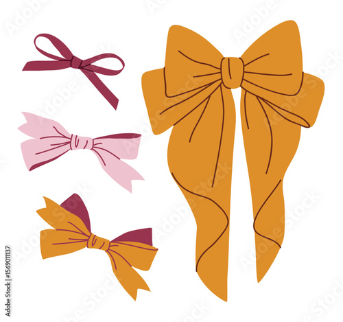 Set of decorative color hair bow isolated on white. 1 September holiday for schoolgirl hairstyle accessory decoration element. Vector flat stock illustration. Not AI.