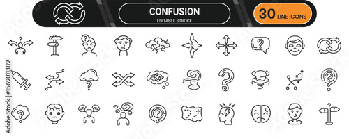 Confusion line icon set. Containing question, lost, doubt, puzzled, expression, unsure, unclear, confused face and more. Editable stroke. Vector illustration.