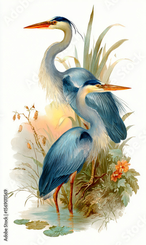 Two great blue herons in water surrounded by leaves and reeds