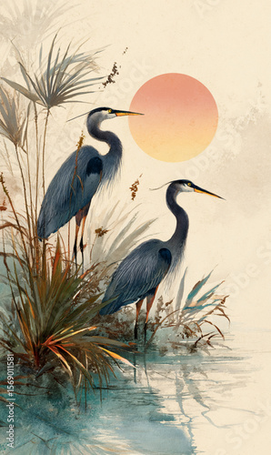 Two great blue herons in water surrounded by leaves and reeds