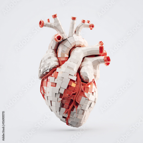 Realistic human heart anatomy image composed of 3D geometric cube shapes, medical concept art combined with modernist design