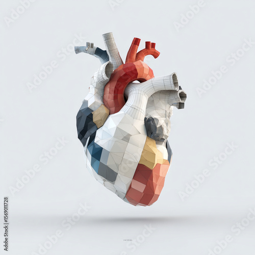 Realistic human heart anatomy image composed of 3D geometric cube shapes, medical concept art combined with modernist design