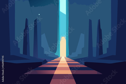 Night road to an urban city skyline with futuristic skyscraper architecture